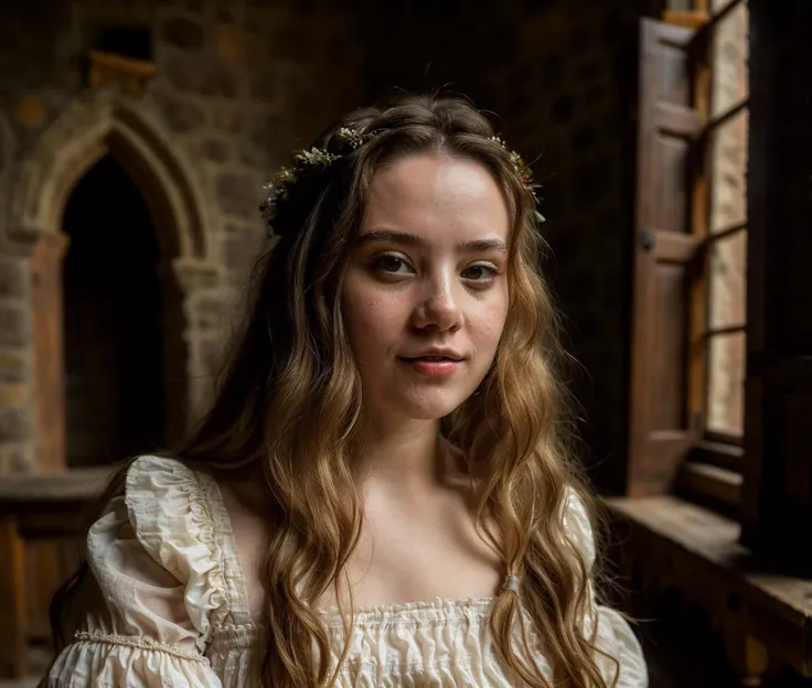 Photography, young woman in a castle, peasant dress, middle ages, looking at viewer, lifelike skin texture, skin pores, natural light, well lit, beautiful, best quality, high res, detailed <lora:MadiASMR_33B:0.9>