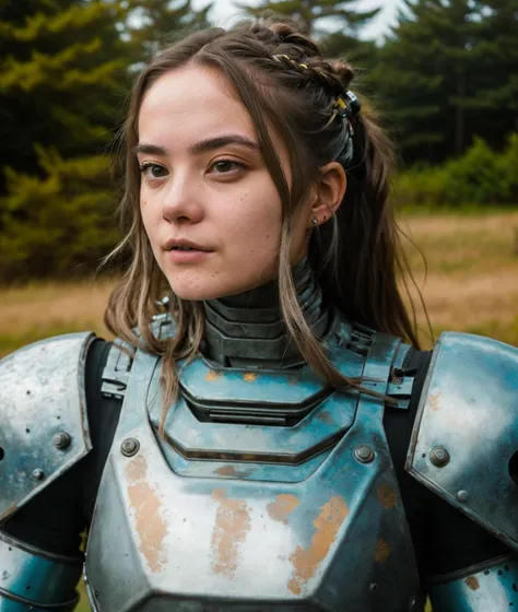 Photography, half body shot of a 21yo girl wearing a robotic metal armor on the battlefield, long hair, serious look on face, determination, war paint, fire, beautiful, epic, detailed skin, skin pores, photorealistic, best quality, high res, very detailed <lora:MadiASMR_41:1>