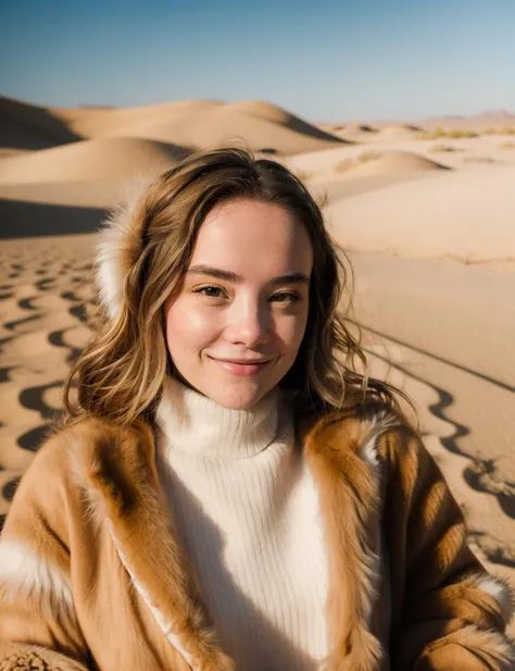 Photography of a 22yo woman wearing a fur sweater in the desert, beautiful, smile, joyful, detailed skin, skin pores, photorealistic, best quality, high res, high contrast, very detailed <lora:MadiASMR_41:1>