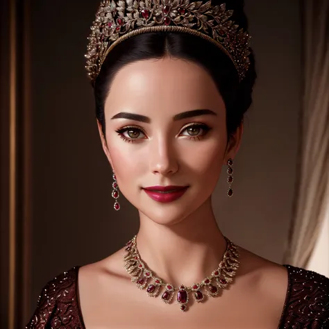 Masterpiece, high quality, 4K, beautiful design, shiny, from the front, award winning photo, extremely detailed, amazing, fine detail, absurdres, highly detailed woman, extremely detailed eyes and face, by lee jeffries nikon d850 film stock photograph 4 kodak portra 400 camera f1.6 lens rich colors hyper realistic lifelike texture dramatic lighting unrealengine trending on artstation cinestill 800 tungsten, solo, 1girl, smiling, looking at the viewer with a seductive intent, wearing lipstick, versailles background
parure jewelery, a woman wearing a dresss and necklace laced with rubies , wearing parure jewelery, (large necklace:1.25)
<lora:Parure:0.755>,
