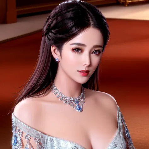 Masterpiece, high quality, 4K, beautiful design, shiny, from above, top angle, (redshift style:1.1), (analog style:1.1), sexy, realistic, photo shoot, professional, high contrast, Asian woman,[FanBingbing], 1girl, solo, expressive look, HDR, highest quality, sharp focus, looking at viewer, facing viewer, 8k, blue eyes, 


parure jewelery, a woman wearing a dresss and necklace , wearing parure jewelery, huge necklace

 <lora:Parure:0.755>
 <lora:FanFashion:0.6>