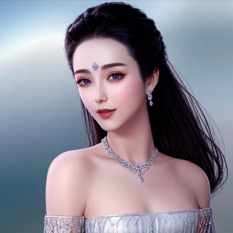 Masterpiece, high quality, 4K, beautiful design, shiny, from above, top angle, (redshift style:1.1), (analog style:1.1), sexy, realistic, photo shoot, professional, high contrast, Asian woman,[FanBingbing], 1girl, solo, expressive look, HDR, highest quality, sharp focus, looking at viewer, facing viewer, 8k, blue eyes, 


parure jewelery, a woman wearing a dresss and necklace , wearing parure jewelery,

 <lora:Parure:0.755>
 <lora:FanFashion:0.6>