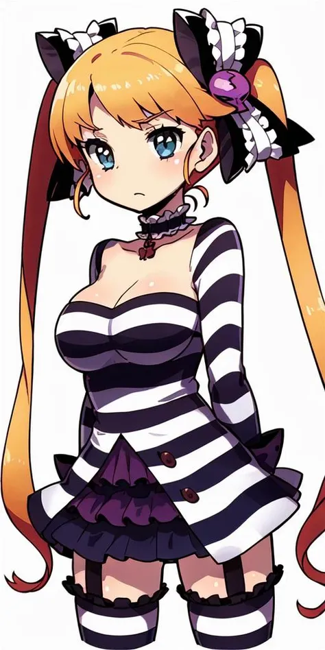 <lora:(criminal girls) kisaragi:0.7>, masterpiece, best quality, (ultra-detail:1.1), 1girl, solo, kisaragi, twintails, long hair, skull hair ornament, striped, striped thighhighs, skirt, garter straps, ribbon, choker, breasts, <lora:more_details:0.1>, simple background, cowboy shot,