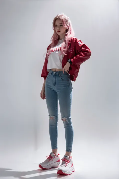 masterpiece, best quality, ((pure white background)), standing, pink hair, long wave hair, 1 girl, cold face, full body, red jacket, blue T-shirt, gradient pants, (Fashionable clothing), happy, (light effect, soft, super clear, high-definition picture, (front), <lora:Mira-01:0.8>
