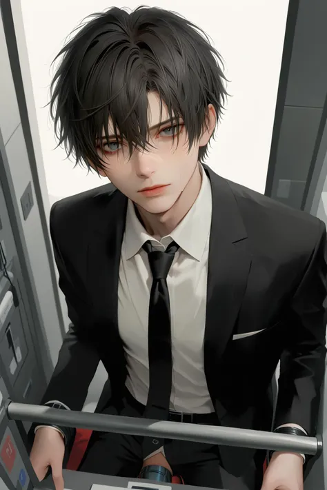 score_9,score_8_up,score_7_up,solo,looking at viewer,short hair,bangs,shirt,black hair,1boy,hair between eyes,jacket,white shirt,male focus,necktie,collared shirt,black necktie,restrained,bound,bdsm,(object insertion:1.2),sex machine,deep shadows,<lora:smachine:1>,nsfw,uncensored,nsfw,<lora:add-detail-xl:1>,<lora:RE-Large Insertion XL V0.2:1>,