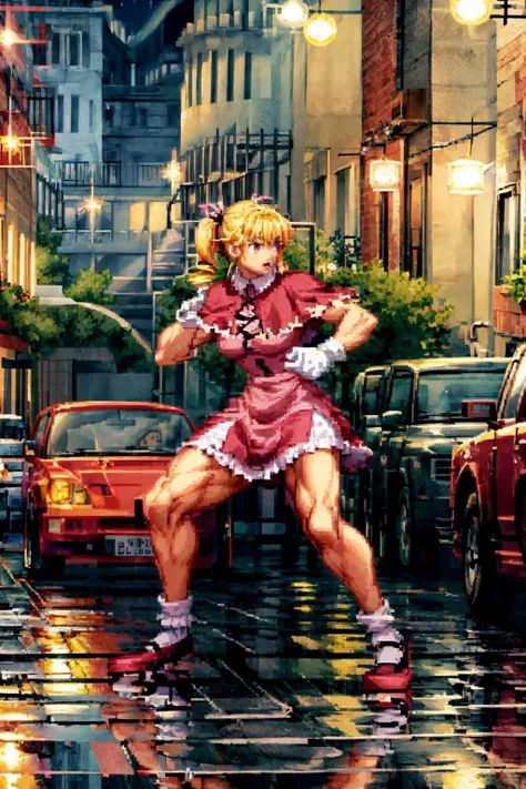 1girl, (masterpiece:1.3), (high resolution), (8K), (extremely detailed), (4k), (pixiv), perfect face, nice eyes and face, (best quality), (super detailed), detailed face and eyes, (solo), textured skin, absurdres, highres, muscular, <lora:more_details:0.6>, <lora:biscuit-09:0.7>, biskywz, blonde hair, twintails, drill hair, long hair, hair ribbon,red dress, bobby socks, capelet, white gloves, purple eyes, standing, mary janes, socks, shoes, city, cars, poeple, fighting stance, dynamic pose, <lora:CspPixelArt_Style-20:1> PixelArt, pixel, 16Bits, 31bits, night, rain