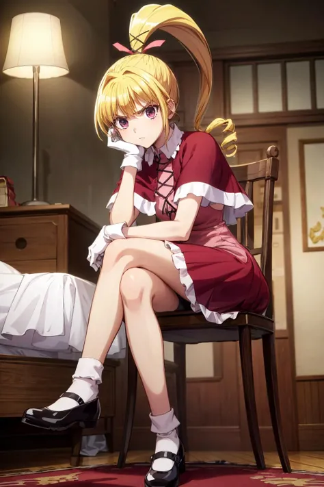 1girl, (masterpiece), (high resolution), (8K), (extremely detailed), (4k), (pixiv), perfect face, nice eyes and face, (best quality), (super detailed), detailed face and eyes, (solo), textured skin, absurdres, highres, tiny girl, <lora:more_details:0.4>, <lora:biscuit-09:0.7>, biskywz, blonde hair, ponytail, long hair, hair ribbon, red dress, bobby socks, capelet, white gloves, purple eyes, looking at viewer, indoors, room, bed, lamp, chair, angry, sitting, crossed legs, feet, shoes, mary janes, socks