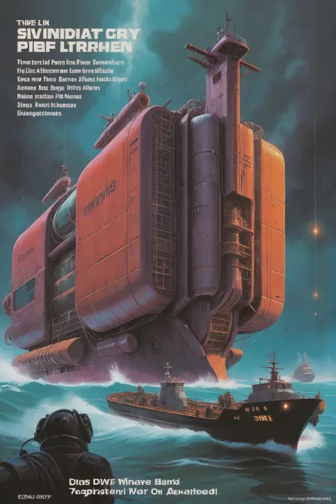 synthwave 1980s pulp scifi magazine cover, A massive, clunky, space-age seagoing cargo freighter with bio-synthetic interfaces in a stormy ocean<lora:80s_cover_art:1:1:lbw=SDXL_STYLE>