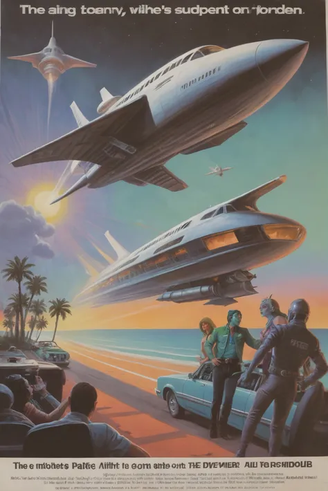 vintage 1980s pulp scifi poster, A huge, alien, passenger jet <lora:80s_cover_art:1:1:lbw=SDXL_STYLE>