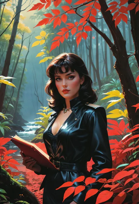 analog film photo of (synthwave 1980s pulp scifi book cover), Red Academia aesthetics, a portrait of a powerful Madeiran woman, a botanist with scarlet leaves swirling around her, as she treks through a dense gothic forest. Her worn satchel bulges with peculiar flora, each specimen meticulously labeled in a crimson leather notebook, vibrant colors, stunning background. dark and moody, a mesmerizing blend of light and shadow. masterpiece, absurdres, intricate details. <lora:envyStarlight1980sScifi_v10:0.8>, still from a 1970s sexploitation , faded film, desaturated, 35mm photo, grainy, vignette, vintage, Kodachrome, Lomography, stained, highly detailed, found footage