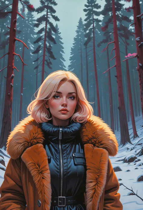 (synthwave 1980s pulp scifi book cover), Post-Impressionism aesthetics, a portrait of a rebellious Finnish woman walks alone through a snowy forest, bundled in furs, her breath visible in the crisp air, captured with a focus on bold outlines and stark contrast, pastel colors, stunning background. dark and moody, a mesmerizing blend of light and shadow. masterpiece, absurdres, intricate details. <lora:envyStarlight1980sScifi_v10:0.8>, still from a 1970s sexploitation movie