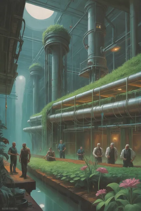 old 1980s pulp scifi painting, hydroponic farm in a infinite fantasy megacity edge of time, masterpiece, by Klaus Wittmann<lora:80s_cover_art:1:1:lbw=SDXL_STYLE>