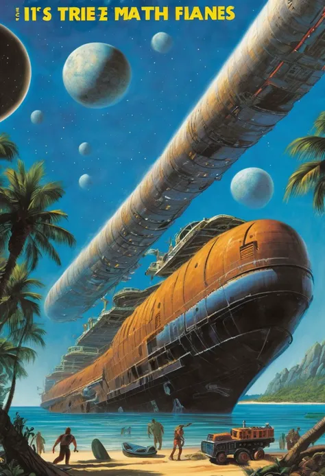 1980s scifi (paperback book) cover, A massive, clunky, space-age seagoing cargo freighter with bio-synthetic interfaces in a tropical lagoon, blue sky, 2 moons, masterpiece, sharp focus, high detailed, realistic,