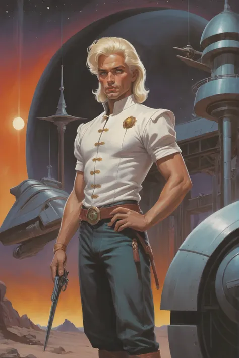 old 1980s pulp scifi poster, (full body:1.2), 1boy, man, handsome, solo, [:formal costume design,:0.2] warrior, caucasian, linen hair, (average:1.3) build, solemn fantasy settlement in a Moonquake Zone<lora:80s_cover_art:1:1:lbw=SDXL_STYLE>