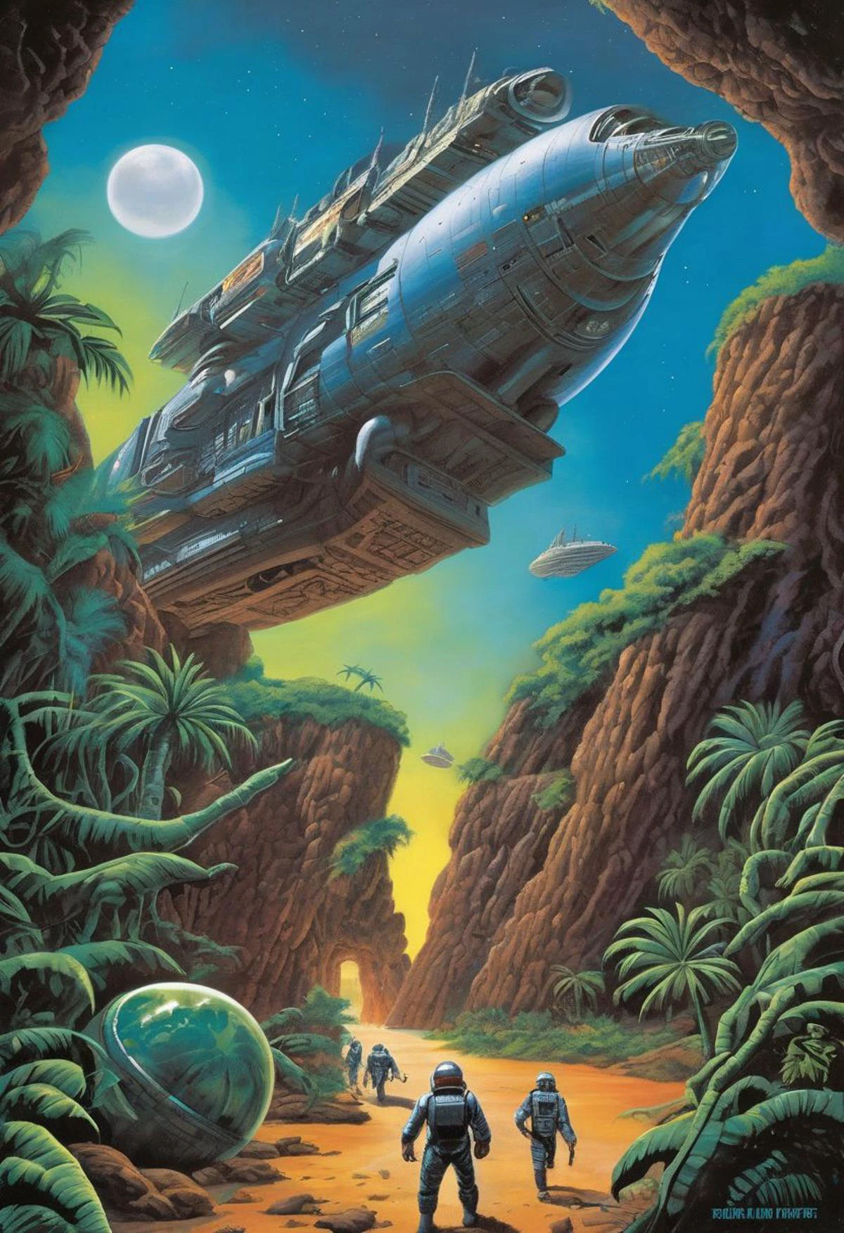 1980s scifi (paperback book) cover, A massive, clunky, space-age seagoing cargo freighter with bio-synthetic interfaces in a tropical lagoon, blue sky, 2 moons, masterpiece, sharp focus, high detailed, realistic,