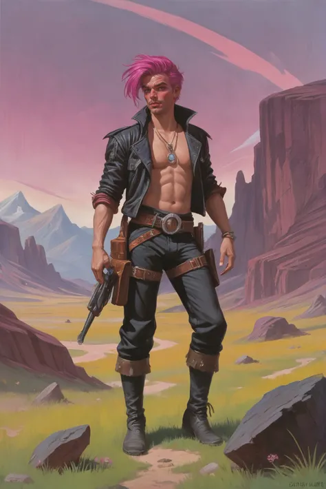 old 1980s pulp scifi painting, (full body:1.2), 1boy, man, ruggedly handsome, solo, [:fantastical costume design,:0.2] gunslinger, caucasian, vivid magenta hair, (average:1) build, Montane Grasslands<lora:80s_cover_art:1:1:lbw=SDXL_STYLE>