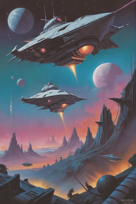 synthwave 1980s pulp scifi magazine cover, A vast, cybernetic, space battleship hovering over a lunar landscape<lora:80s_cover_art:1:1:lbw=SDXL_STYLE>