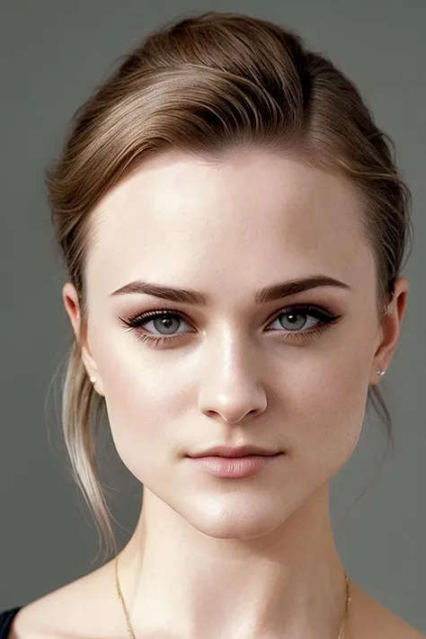 photo of (rew00d:0.99), a woman, face closeup photo of woman, (grey background), (undercut hair:1.0), (shiny skin), (tilted angle shot:1.1)