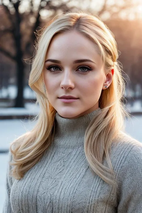 beautiful woman blonde (rew00d-135:.99), (closeup portrait:1.2), face focus, (hair upsweep updo:1.1), realistic, (detailed:1.15),(film grain, skin details, 4k:1), smile, Dappled Light, analog style (look at the viewer), (skin texture), (film grain), (hyper-realistic texture skin:1.3), cinematic light, sidelighting, ultra high res, best shadow, RAW, beautiful hair, designer jacket, fashionable skirt, turtleneck shirt, winter city park, professional model photoshoot, hdr, sunset