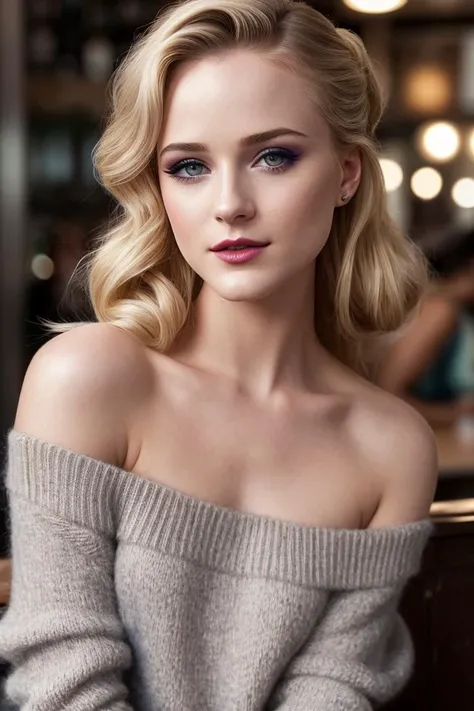 photo of seductiveblonde (rew00d-135:0.99), a woman as a sexy student, closeup portrait, (sweater off-shoulder with a strap), (hair upsweep updo), at an (80s style) cantina sitting bar, (masterpiece:1.5) (photorealistic:1.1) (bokeh) (best quality) (detailed skin texture pores hairs:1.1) (intricate) (8k) (HDR) (wallpaper) (cinematic lighting) (sharp focus), eyeliner, ((painted lips)), (vivid atmosphere), ((eyeshadow))