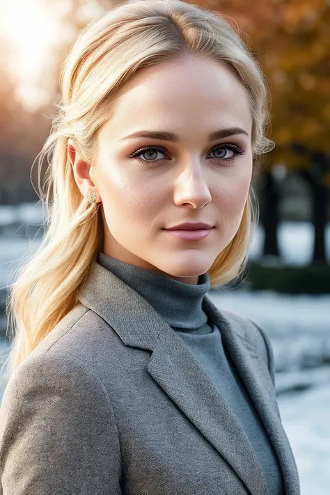 beautiful woman blonde (rew00d-135:.99), (closeup portrait:1.2), face focus, hair upsweep updo, realistic, (detailed:1.15),(film grain, skin details, 4k:1), smile, Dappled Light, analog style (look at the viewer), (skin texture), (film grain), (hyper-realistic texture skin:1.3), cinematic light, sidelighting, ultra high res, best shadow, RAW, beautiful hair, designer jacket, fashionable skirt, turtleneck shirt, winter city park, professional model photoshoot, hdr, sunset