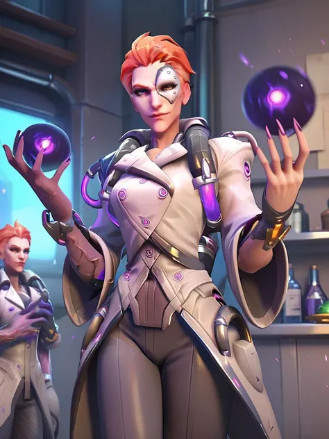 score_9, score_8_up, score_7_up,score_6_up,  2.5d,  highly detailed, (1girl) , solo focus,  full bodyshot,  moiraow2, moira (overwatch) , heterochromia, purple arm, mask, wearing a labcoat, in a lab <lora:MoiraOW2-000035:.8>