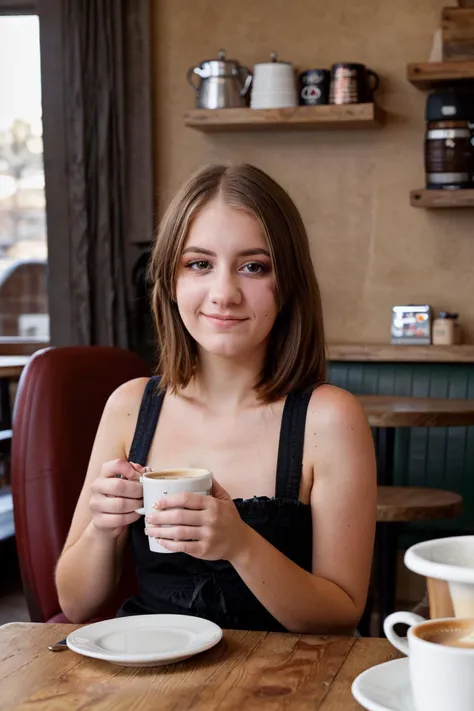 <lora:DakotaBurns:0.8>, full color portrait of a young woman, having coffee at a vintage cafe, natural light, RAW photo, subject, 8k uhd, dslr, soft lighting, high quality, film grain, Nikon D850