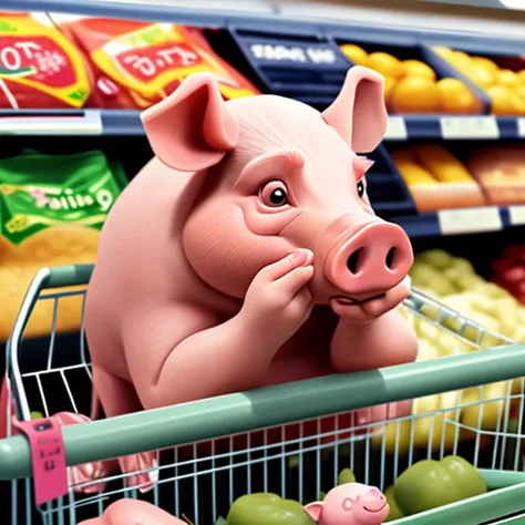 pig, looking pensive in a supermarket