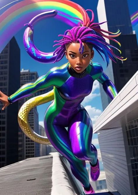 full shot, action scene, dynamic perspective, shy dark skinned woman with short (multicolored:1.3) dreadlocks in a ponytail, wearing an iridescent (rainbow:1.3) (snake scale:1.1) body suit, iridescent rainbow colors, on city rooftop