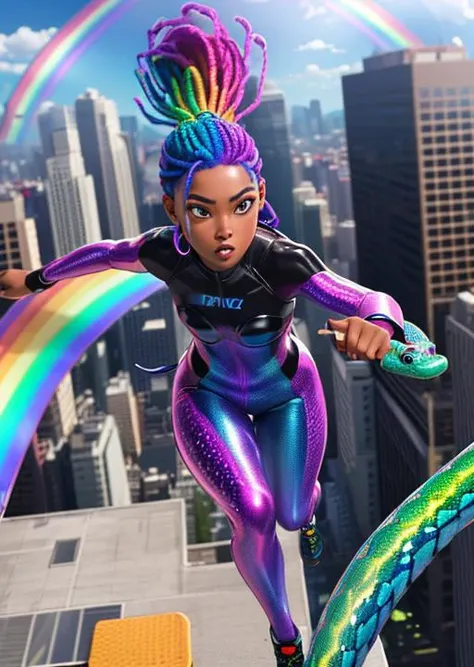 full shot, action scene, dynamic perspective, shy dark skinned woman with short (multicolored:1.3) dreadlocks in a ponytail, wearing an iridescent (rainbow:1.3) (snake scale:1.1) body suit, iridescent rainbow colors, on city rooftop