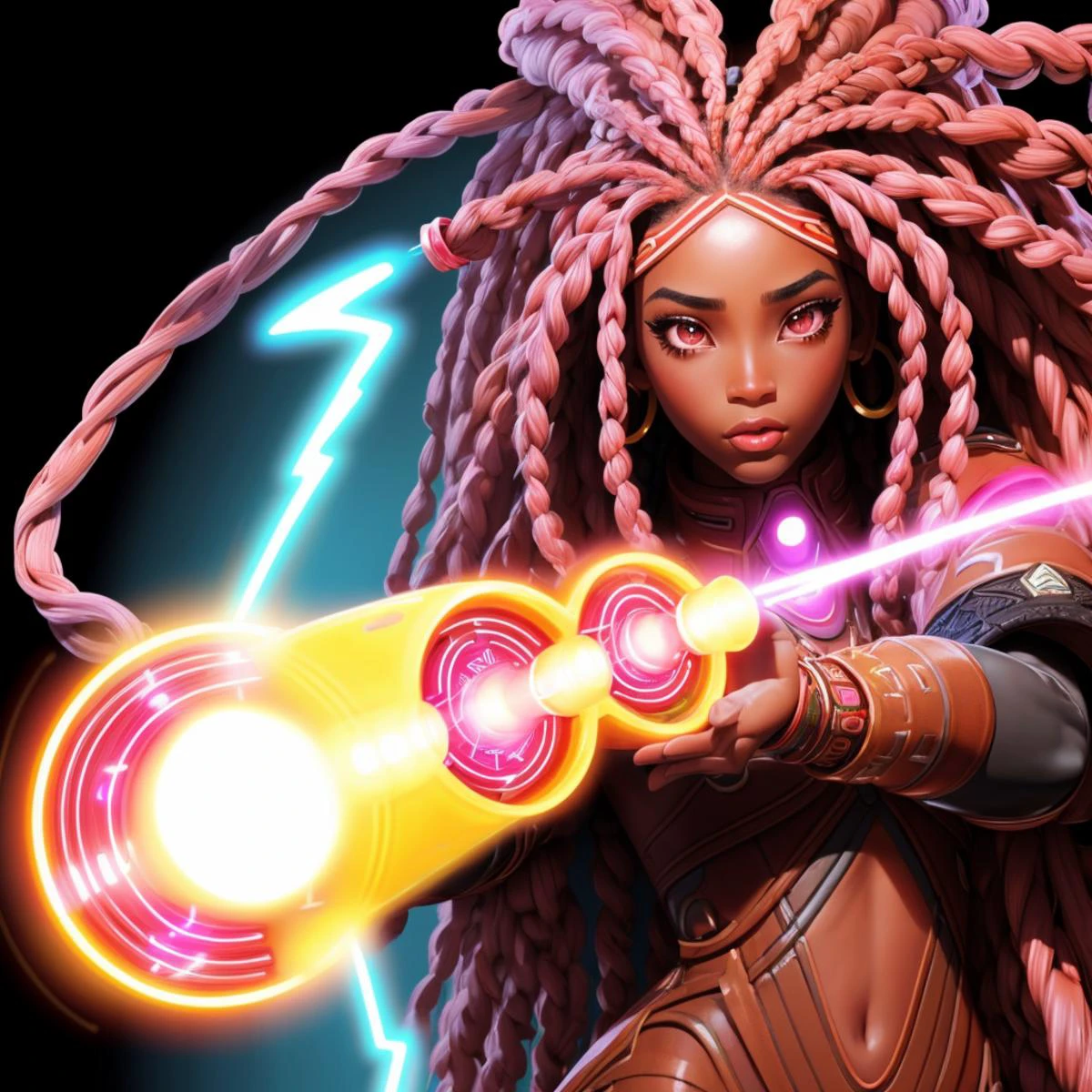 (Long shot:1.2), black african woman, huge pink eyebrows and short dreadlocks, eyes glowing with electric energy,