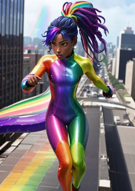 full shot, action scene, dynamic perspective, shy dark skinned woman with short (multicolored:1.3) dreadlocks in a ponytail, wearing an iridescent (rainbow:1.3) (snake scale:1.1) body suit, iridescent rainbow colors, on city rooftop
