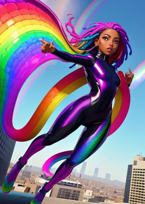 full shot, action scene, dynamic perspective, shy dark skinned woman with short (multicolored:1.3) dreadlocks, wearing an iridescent (rainbow:1.3) (snake scale:1.1) body suit, iridescent rainbow colors, on city rooftop