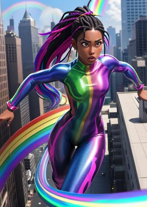 full shot, action scene, dynamic perspective, pleading dark skinned woman with short (multicolored:1.3) dreadlocks in a ponytail, wearing an iridescent (rainbow:1.3) (snake scale:1.1) body suit, iridescent rainbow colors, on city rooftop