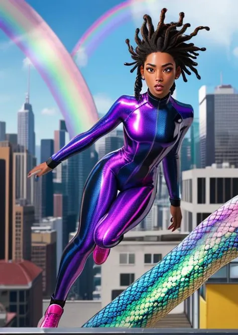 full shot, action scene, dynamic perspective, shy dark skinned woman with short (multicolored:1.3) dreadlocks, wearing an iridescent (rainbow:1.3) (snake scale:1.1) body suit, iridescent rainbow colors, on city rooftop