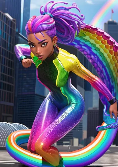 full shot, action scene, dynamic perspective, shy dark skinned woman with short (multicolored:1.3) dreadlocks in a ponytail, wearing an iridescent (rainbow:1.3) (snake scale:1.1) body suit, iridescent rainbow colors, on city rooftop