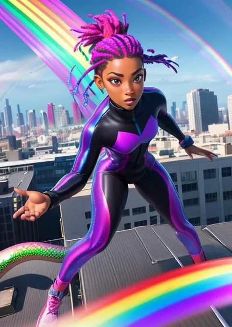 full shot, action scene, dynamic perspective, shy dark skinned woman with short (multicolored:1.3) dreadlocks in a ponytail, wearing an iridescent (rainbow:1.3) (snake scale:1.1) body suit, iridescent rainbow colors, on city rooftop