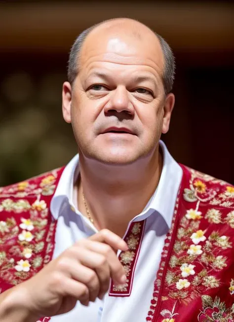(masterpiece, best quality, awards winner) close up portrait Olaf Scholz German Chancellor dressed in embroidered shirt sing song, (floral embroidery, floral print, pointing)t, epic character composition, by ilya kuvshinov, alessio albi, nina masic, sharp focus, natural lighting, subsurface scattering, f2, 35mm, film grain,
<lora:olaf:1> <lora:edgVyshivanka:0.7>