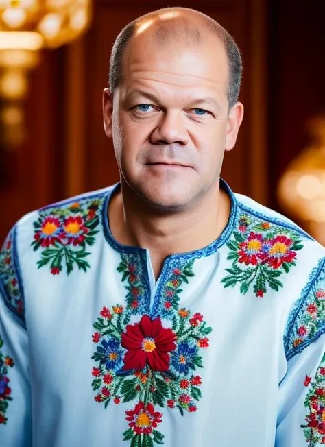 (masterpiece, best quality, awards winner) close up portrait Olaf Scholz German Chancellor dressed in embroidered shirt sing song, (floral embroidery, floral print, pointing)t, epic character composition, by ilya kuvshinov, alessio albi, nina masic, sharp focus, natural lighting, subsurface scattering, f2, 35mm, film grain,
 <lora:olaf:1>  <lora:edgVyshivanka:1>