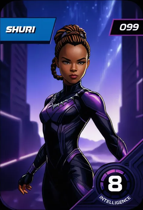 (best quality, masterpiece, absurdres, highres, ultra_detailed, dynamic angle:1.2), herocard, intelligence8, portrait of Shuri in a black panther suit with purple glowing bits, index099, (intricate details, hyperdetailed:1.15), (ultrahigh resolution textures), bokeh, (volumetric, cinematic) lighting, depth of field, <lora:marvel_promo_cards_2023_locon_xl_hero_v1:0.8>