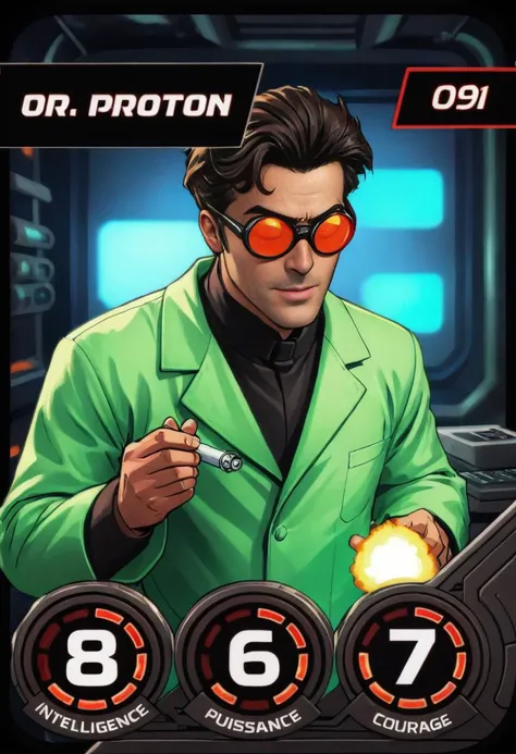 (best quality, masterpiece, absurdres, highres, ultra_detailed, dynamic angle:1.2), villaincard, intelligence8, power6, courage7, a mad 1boy scientist preparing potions from radioactive materials, lab coat, burnt skin, wearing safety goggles and filtering mask, (smoking, glowing) test tubes, underground lab, computer consoles, index091, futuristic, sci-fi, (red and black hud with white numbers), (intricate details, hyperdetailed:1.15), (ultrahigh resolution textures), bokeh, (volumetric, cinematic) lighting, depth of field, <lora:marvel_promo_cards_2023_locon_xl_villain_v1:0.6>