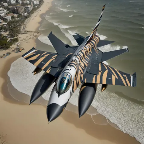 a professional photograph of a symmetrical (F-16 Fighting Falcon) with a tiger stripe paint job flying over a crowded beach, General Dynamics, single-engine supersonic multirole fighter aircraft, masterpiece, best quality, majestic, <lyco:CHV3CPlane6Merge:1.0>