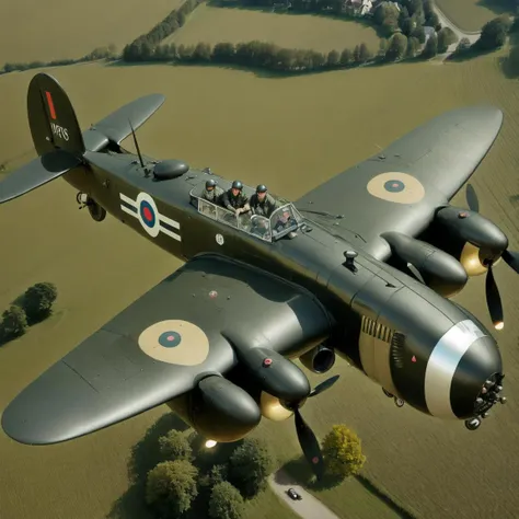 a professional propaganda photograph of a symmetrical (CHV3CPlane style:0.5) (Avro Lancaster PA474), a four-engined, Second World War era heavy bomber. Royal Air Force, viewed from above, best quality, masterpiece, <lyco:CHV3CPlane6Merge:1.0>