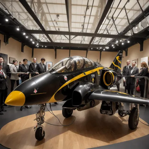 a professional photograph of a (BAE Systems Hawk), British single-engine, jet-powered advanced trainer aircraft, (CHV3CPlane), a plane with a black panther on the side of it on display in a museum, displayed in the exhibition hall, fused aircraft parts, a stunning masterpiece, <lyco:CHV3CPlane6Merge:1.0>