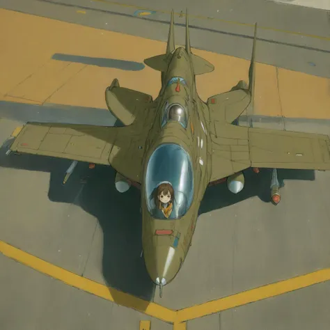 a professional ghibli style illustration of a [:((symmetrical)):.10] (CHV3CPlane) fighter jet sitting on top of an airport runway, best quality, perfect composition, masterpiece, smooth, <lyco:CHV3CPlane6Merge:1.0>