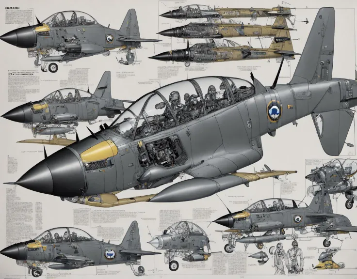 (Embraer EMB 314 Super Tucano), turboprop light attack aircraft, (CHV3CPlane), a cutaway drawing of a plane, cutaway, real aircrafts references, blueprint schematics, fuselage, hight resolution, diagram, bomber planes, <lyco:CHV3CPlane6Merge:1.0>