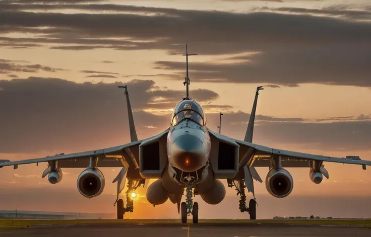 a professional photograph of a (Sukhoi Su-25), subsonic, single-seat, twin-engine jet aircraft, runway, at sunset, take off, beautiful wallpaper, looking straight forward, gigantic landing pad, during dawn, <lyco:CHV3CPlane6Merge:1.0>