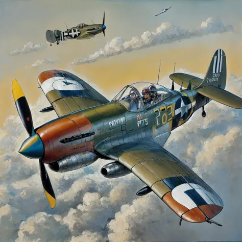 a commissioned masterpiece of the best quality of a Professional realistic detail, perfect composition of a (North American P-51 Mustang), single-seat fighter-bomber, North American Aviation, piston-engined fighter, (CHV3CPlane), spitfire, <lyco:CHV3CPlane6Merge:1.0>
