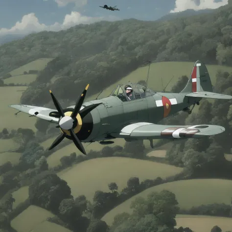 (Mitsubishi A6M Zero), carrier fighter, single-seat, low-wing monoplane, (CHV3CPlane), a plane is flying low to the ground, anime movie screenshot, screenshot from a 2012s anime, in the anime film, incredible miyazaki, strafing attack plane, <lyco:CHV3CPlane6Merge:1.0>