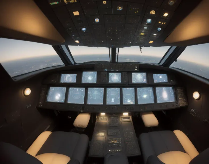 (Rockwell B-1 Lancer), supersonic, variable-sweep wing, conventional heavy bomber, (CHV3CPlane), a cockpit of a plane, luminous cockpit, cockpit view, spaceship interior, photo still, at night, looking straight forward, <lyco:CHV3CPlane6Merge:1.0>